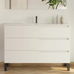 Meuble de salle de bain 120cm simple vasque - sans miroir - 3 tiroirs - blanc - MATA