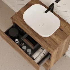 Meuble de salle de bain 80cm avec plateau et vasque à poser zeus - 3 tiroirs - sans miroir - tabaco (chêne foncé) - MATA