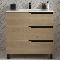 Meuble de salle de bain 60cm simple vasque - sans miroir - 3 tiroirs - madera miel (bois clair) - MATA