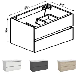 Meuble de salle de bain chêne 100cm, suspendu avec 2 tiroirs