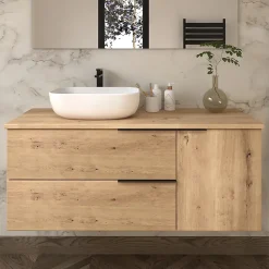 Meuble de salle de bain 100cm avec vasque à poser arrondie - 2 tiroirs - sans miroir - roble (chêne clair) - KING
