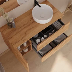 Meuble de salle de bain 100cm avec plateau, vasque à poser à droite Ares et miroir - 2 tiroirs et 1 placard - roble - ZARZA