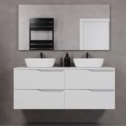 Meuble de salle de bain 140cm avec plateau et deux vasques à poser zeus - 4 tiroirs - blanc - LUNA