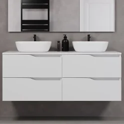 Meuble de salle de bain 140cm avec plateau et deux vasques à poser zeus - 4 tiroirs - blanc - LUNA