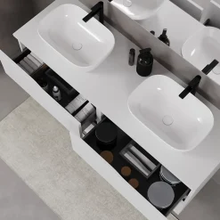 Meuble de salle de bain 140cm avec plateau et deux vasques à poser zeus - 4 tiroirs - blanc - LUNA