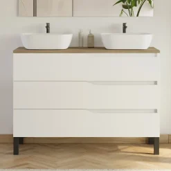 Meuble de salle de bain 120cm avec plateau miel et 2 vasques à poser Zeus - 3 tiroirs - sans miroir - blanc - MATA