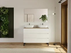 Meuble de salle de bain 120cm avec plateau miel et 2 vasques à poser Zeus - 3 tiroirs - sans miroir - blanc - MATA