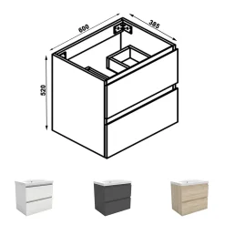 Meuble de salle de bain chêne 60cm, suspendu avec 2 tiroirs