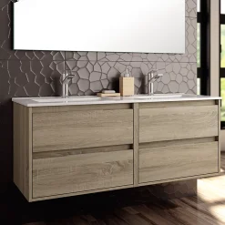 Meuble de salle de bain double vasque - 4 tiroirs - IRIS et miroir Led STAM - cambrian (chêne) - 120cm