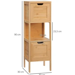 Meuble de salle de bain en bambou avec 2 tiroirs, meuble bas latéral style campagnard, dispositif anti-basculement