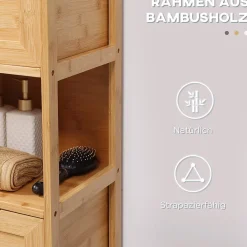 Meuble de salle de bain en bambou avec 2 tiroirs, meuble bas latéral style campagnard, dispositif anti-basculement