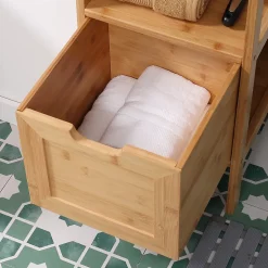 Meuble de salle de bain en bambou avec 2 tiroirs, meuble bas latéral style campagnard, dispositif anti-basculement