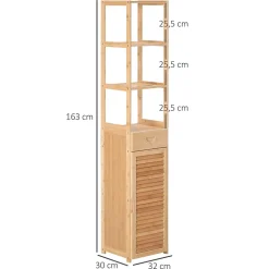 Meuble de salle de bain en bambou naturel, avec tiroir, trois étagères et compartiment ouvert, Bois naturel.