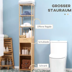 Meuble de salle de bain en bambou naturel, avec tiroir, trois étagères et compartiment ouvert, Bois naturel.