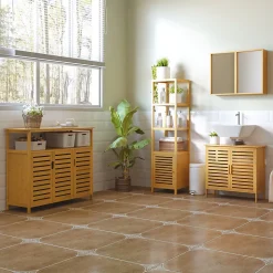 Meuble de salle de bain en bambou naturel avec 3 compartiments ouverts, dimensions 36 x 33 x 140 cm pour un rangement optimal.