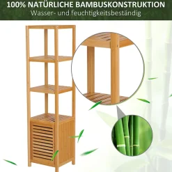 Meuble de salle de bain en bambou naturel avec 3 compartiments ouverts, dimensions 36 x 33 x 140 cm pour un rangement optimal.