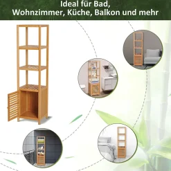 Meuble de salle de bain en bambou naturel avec 3 compartiments ouverts, dimensions 36 x 33 x 140 cm pour un rangement optimal.