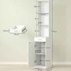 Meuble de salle de bain haut et étroit, avec tiroir, porte et étagères réglables, pour salle de bain ou salon, blanc