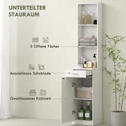 Meuble de salle de bain haut et étroit, avec tiroir, porte et étagères réglables, pour salle de bain ou salon, blanc
