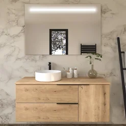 Meuble de salle de bain KING avec vasque à poser ronde et miroir Led STAM - Roble (chêne clair) - 120cm