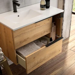 Meuble de salle de bain KING avec vasque à poser ronde et miroir Led STAM - Roble (chêne clair) - 120cm