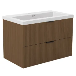 Meuble de salle de bain mural 80 cm Noyer - 2 tiroirs, lavabo (jointless & résistant), AICA Sanitaire