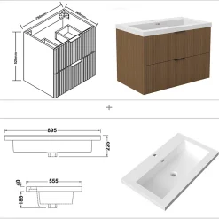Meuble de salle de bain mural 80 cm Noyer - 2 tiroirs, lavabo (jointless & résistant), AICA Sanitaire