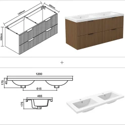 Meuble de salle de bain mural Noyer 120 cm - 4 tiroirs, lavabo inclus, AICA Sanitaire