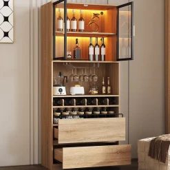 Meuble de salle de bain, meuble bar, vitrine avec portes vitrées et éclairage, 180 cm