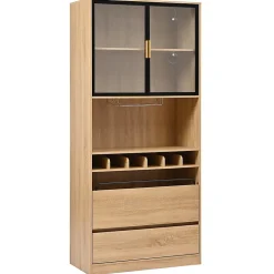 Meuble de salle de bain, meuble bar, vitrine avec portes vitrées et éclairage, 180 cm