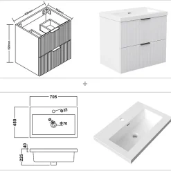 Meuble de salle de bain mural 60 cm Blanc - 2 tiroirs, lavabo (jointless & résistant), AICA Sanitaire