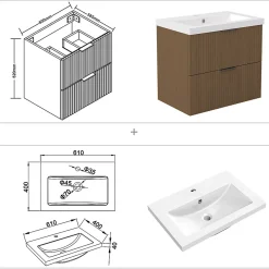 Meuble de salle de bain mural Noyer 60 cm - 2 tiroirs, lavabo inclus, AICA Sanitaire