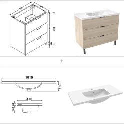 Meuble de salle de bain mural avec pieds Chêne 100 cm - 3 tiroirs, lavabo inclus, AICA Sanitaire
