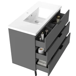 Meuble de salle de bain mural avec pieds Anthracite 100 cm - 3 tiroirs, lavabo inclus, AICA Sanitaire