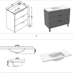 Meuble de salle de bain mural avec pieds Anthracite 100 cm - 3 tiroirs, lavabo inclus, AICA Sanitaire