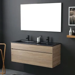 Meuble De Salle De Bain Mobile 120 Cm En Chêne Naturel Avec Double Lavabo Noir Mat - Soleil