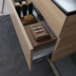Meuble De Salle De Bain Mobile 120 Cm En Chêne Naturel Avec Double Lavabo Noir Mat - Soleil