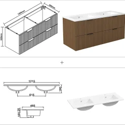 Meuble de salle de bain mural 120 cm Noyer - 4 tiroirs + Lavabo double en céramique, AICA Sanitaire