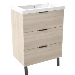 Meuble de salle de bain mural avec pieds Chêne 60 cm - 3 tiroirs, lavabo inclus, AICA Sanitaire
