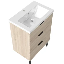 Meuble de salle de bain mural avec pieds Chêne 60 cm - 3 tiroirs, lavabo inclus, AICA Sanitaire