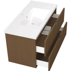Meuble de salle de bain mural 100 cm Noyer - 2 tiroirs + Lavabo Céramique, AICA Sanitaire