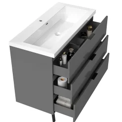 Meuble de salle de bain mural avec pieds 100 cm Anthracite - 3 tiroirs, lavabo (jointless & résistant), AICA Sanitaire