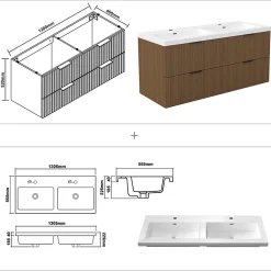 Meuble de salle de bain mural 120 cm Noyer - 4 tiroirs, lavabo (jointless & résistant), AICA Sanitaire
