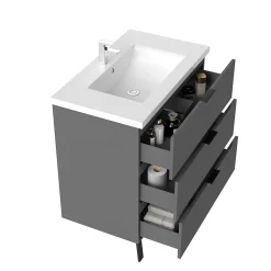 Meuble de salle de bain mural avec pieds Anthracite 80 cm - 3 tiroirs, lavabo inclus, AICA Sanitaire