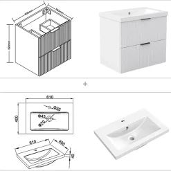 Meuble de salle de bain mural Blanc 60 cm - 2 tiroirs, lavabo inclus, AICA Sanitaire