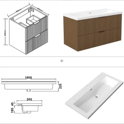 Meuble de salle de bain mural 100 cm Noyer - 2 tiroirs, lavabo (jointless & résistant), AICA Sanitaire