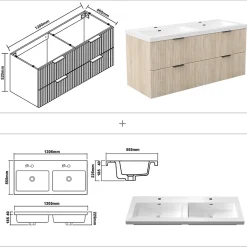 Meuble de salle de bain mural 120 cm Chêne - 4 tiroirs, lavabo (jointless & résistant), AICA Sanitaire
