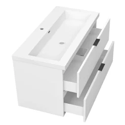 Meuble de salle de bain mural 100 cm Blanc - 2 tiroirs, lavabo (jointless & résistant), AICA Sanitaire