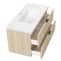 Meuble de salle de bain mural Chêne 100 cm - 2 tiroirs, lavabo inclus, AICA Sanitaire