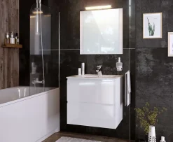 Meuble de salle de bain NELI 2 tiroirs 60 cm blanc brillant T-BATH Inclus lavabo, miroir et applique LED